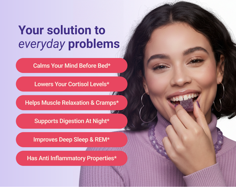 Woman eating a purple sleep gummy beside headline 'Your solution to everyday problems' and a list of sleep benefits